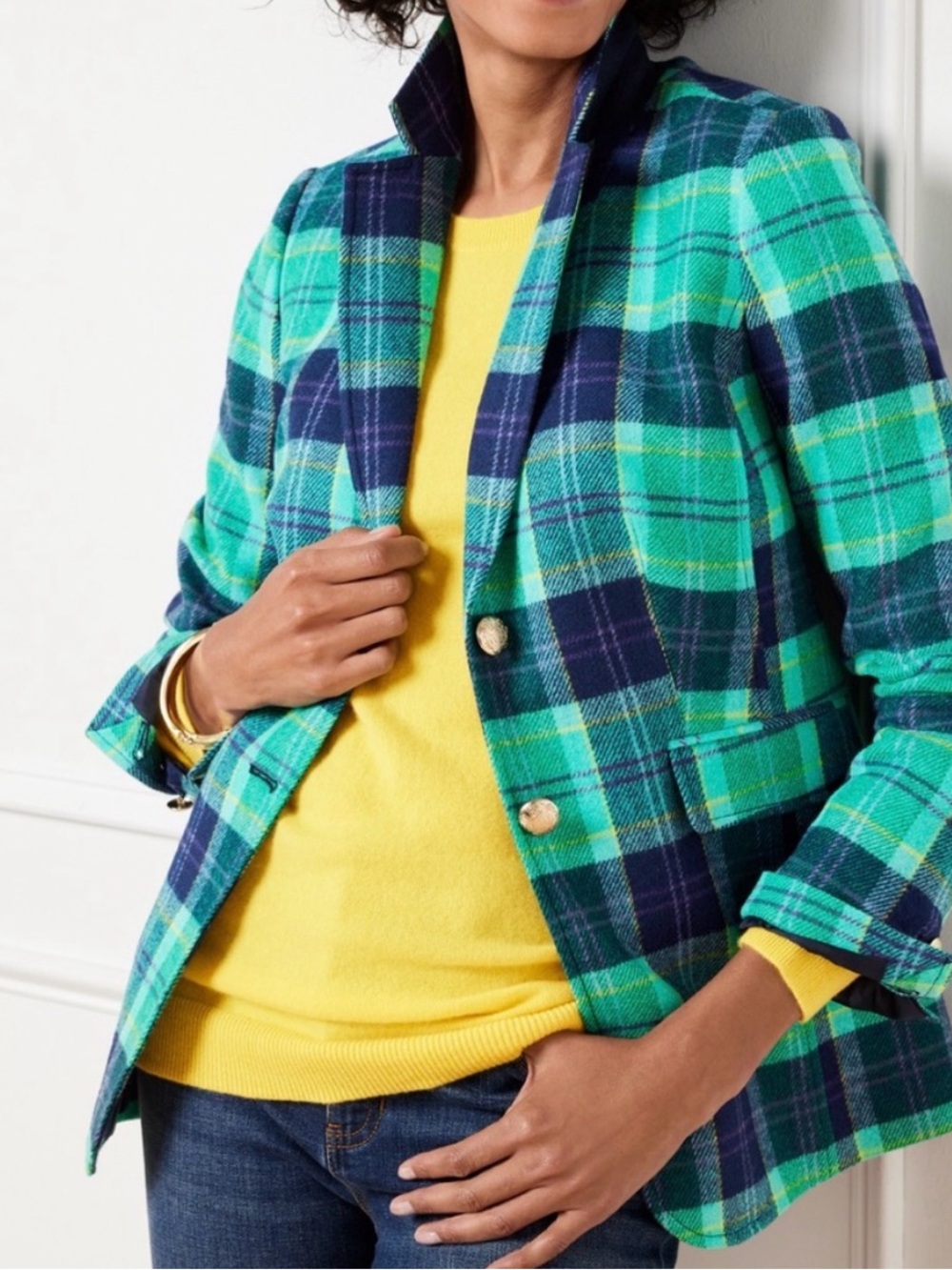 Talbots Women’s Classic Shetland Blazer Blue Green Aspen Plaid Size 12